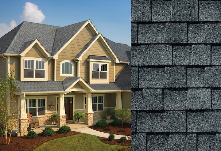 GAF residential asphalt shingles next to finished house